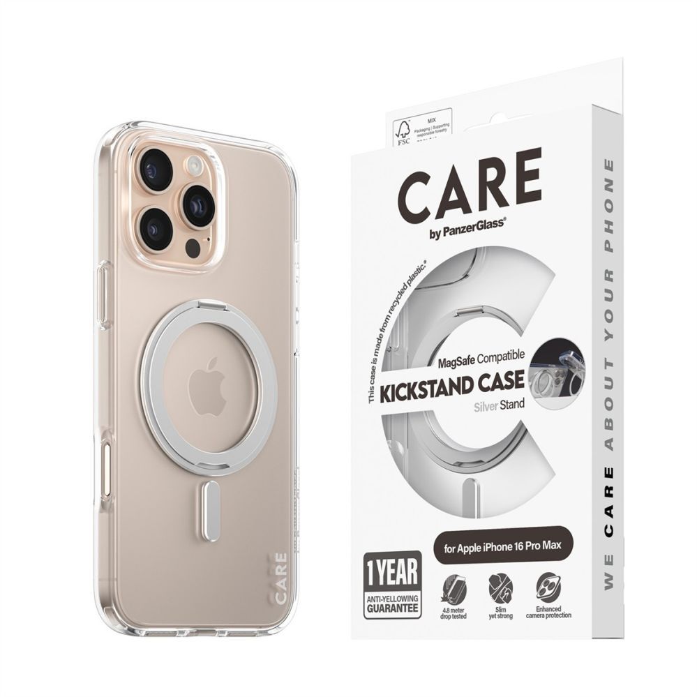 Back panel cover PanzerGlass  CARE Feature case with Silver Kickstand MagSafe iPhone 16 Pro Max, Transparent