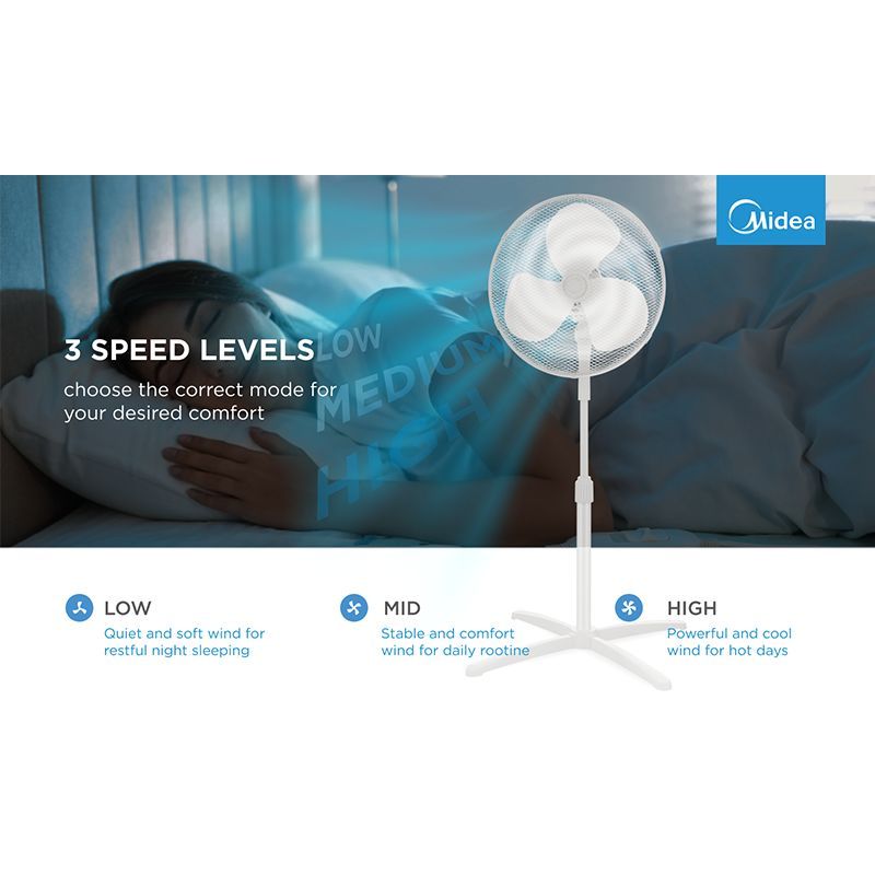 Other small household appliances Midea  Stand fan, 40cm, 40W,  3 speeds, mechanical, noise level: 55-65 dB, Oscillation  80°, Tilting +16° -8°, Adjustable height 120cm,