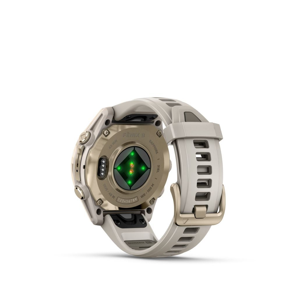 Nutikell Garmin  Fenix 8 – 43 mm, AMOLED Sapphire, Soft Gold with Fog grey/dark sandstone silicone band/ 010-02903-11