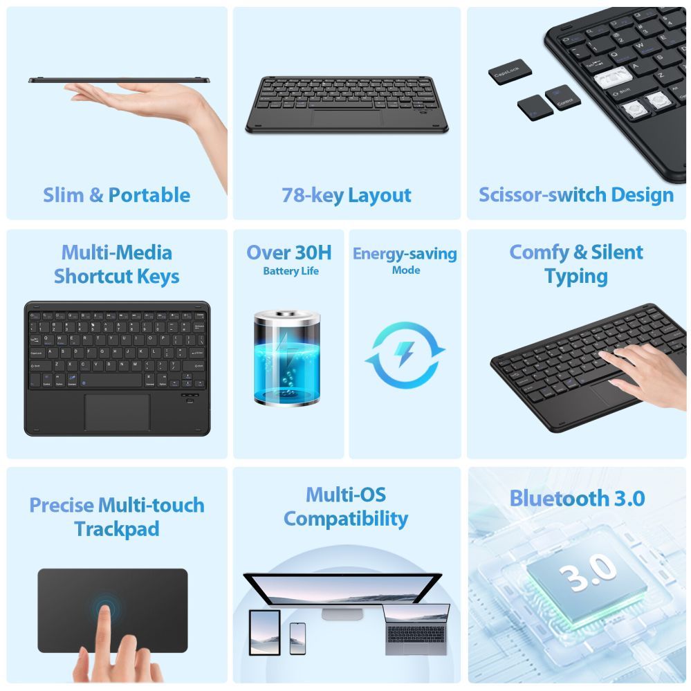 Компьютерная клавиатура Blackview  K2 Bluetooth Keyboard Wireless Slim 10" for Tablet & Smartphone, Bluetooth 3.0, 280mAh Battery, Windows / Android / iOS Black