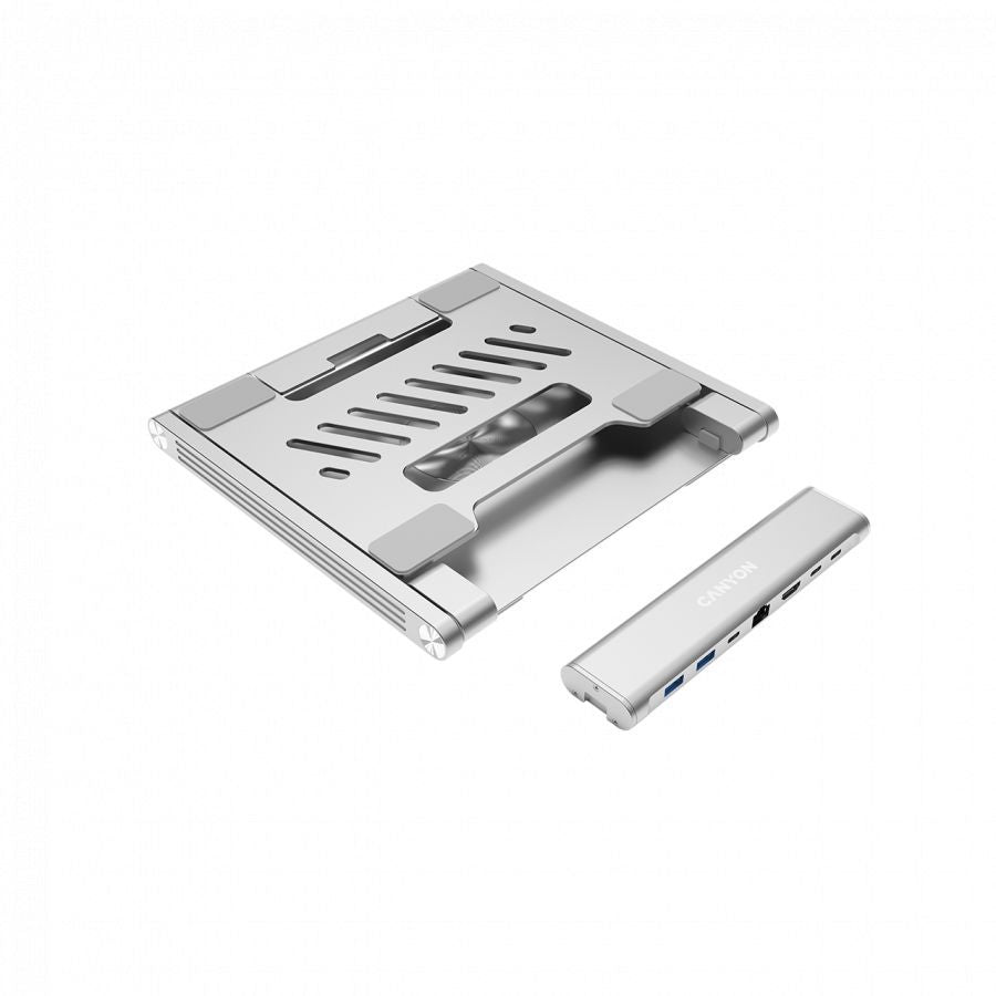 Üleminek Canyon  Canyon Laptop stands with hub, TYPE C F to HDMI2.0+2USB3.0+USBC3.0+RJ45+PD, TYEP C TO C cable 1m white with Emarker: HUSB332A, Material: Aluminum case+ABS+PS, Size: 245x240x27.2+/-0.3mm, Weight:1304g