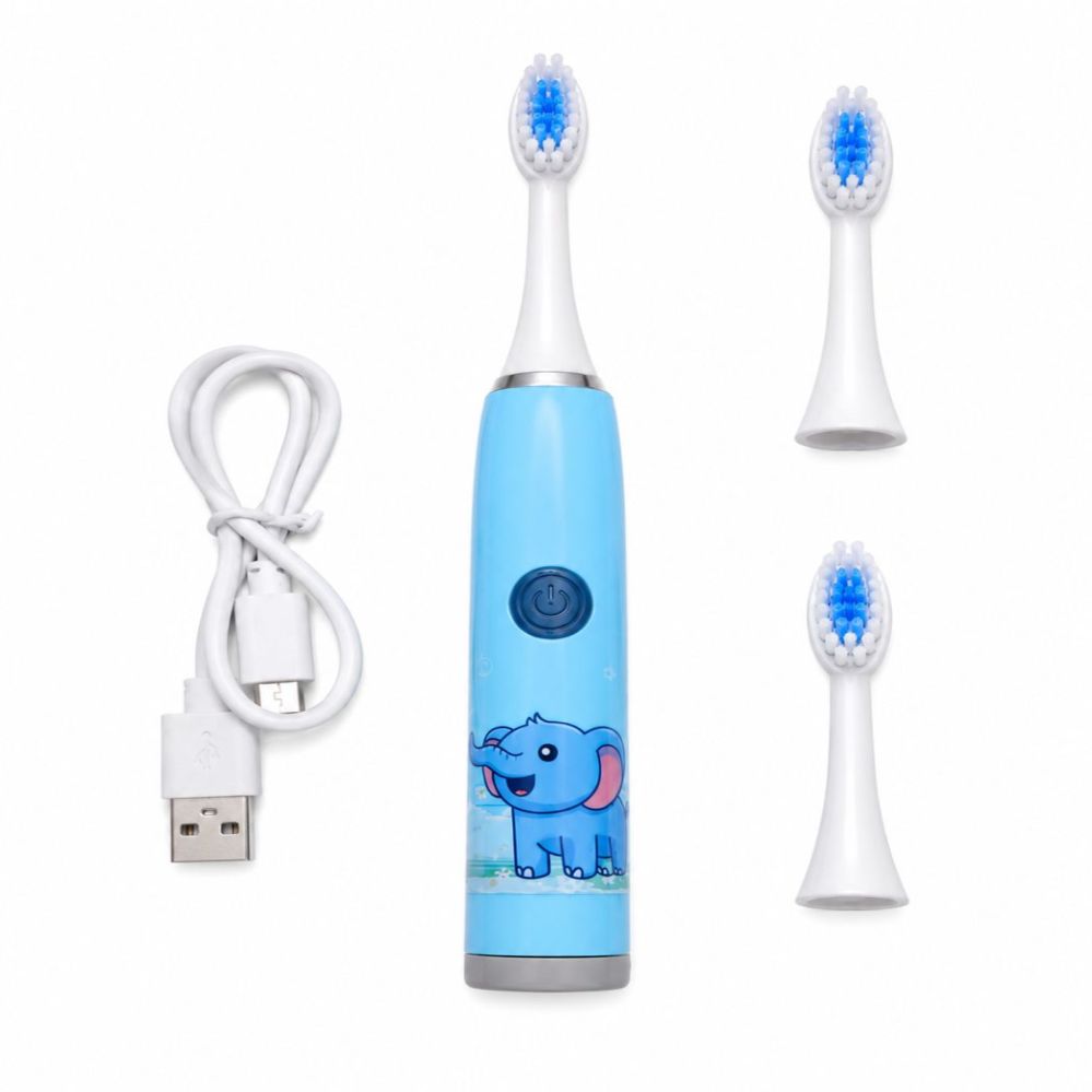 Зубная щётка iLike  Kids Rechargeable Sonic Electric Toothbrush, USB Charging, 3 Brush Heads (1+2 Replacement Heads), Soft Bristles, Waterproof, Blue Elephant Design Blue