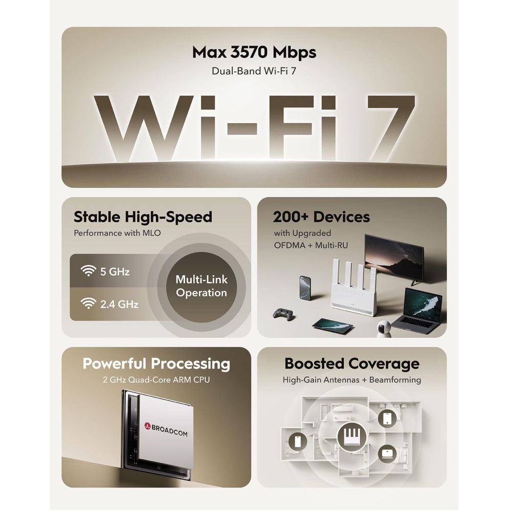 Ruuterid Cudy  WR3600E BE3600 HyperLink WiFi 7 Router Dual Band Gigabit Ports 4x5dBi VPN MLO WPA3 Black