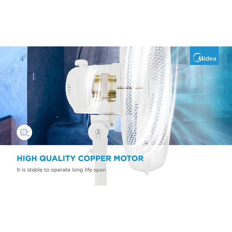 Other small household appliances Midea  Stand fan, 40cm, 40W,  3 speeds, mechanical, noise level: 55-65 dB, Oscillation  80°, Tilting +16° -8°, Adjustable height 120cm,