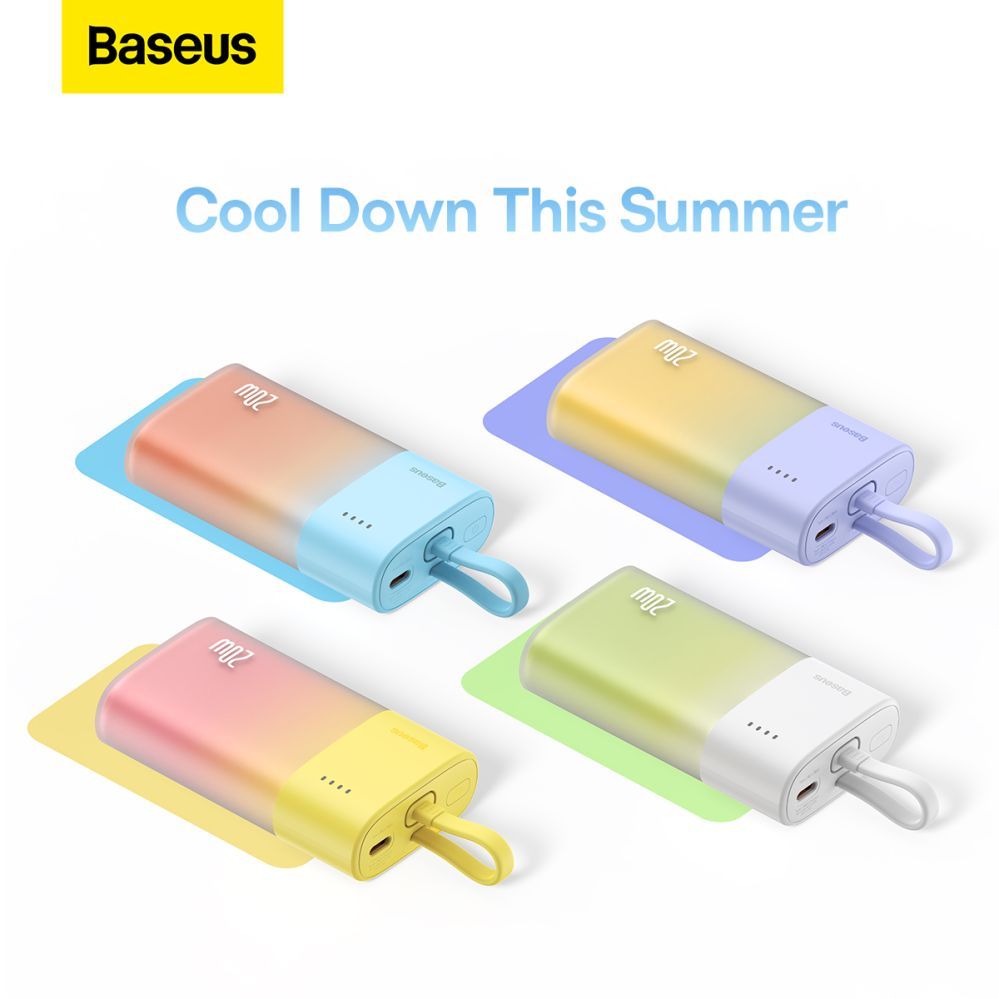 Внешний аккумулятор Baseus  Baseus Popsicle 5200mAh 20W Powerbank with Built-in Lightning Cable (+ White Baseus Simple USB-C - USB-C 60W/20V/3A/30cm Cable) - Yellow-Pink