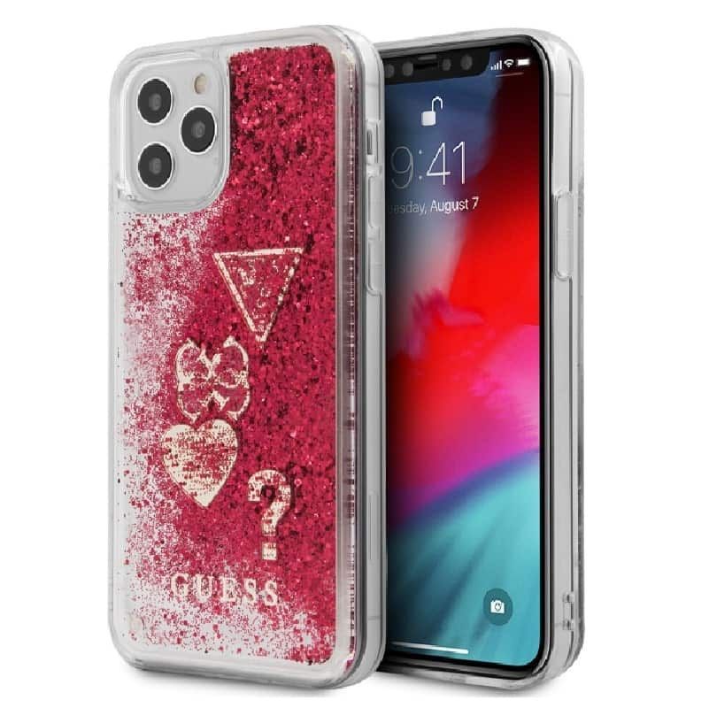 Back panel cover Guess - iPhone 12 mini 5.4'' Liquid Glitter Charms Cover Rapsberry