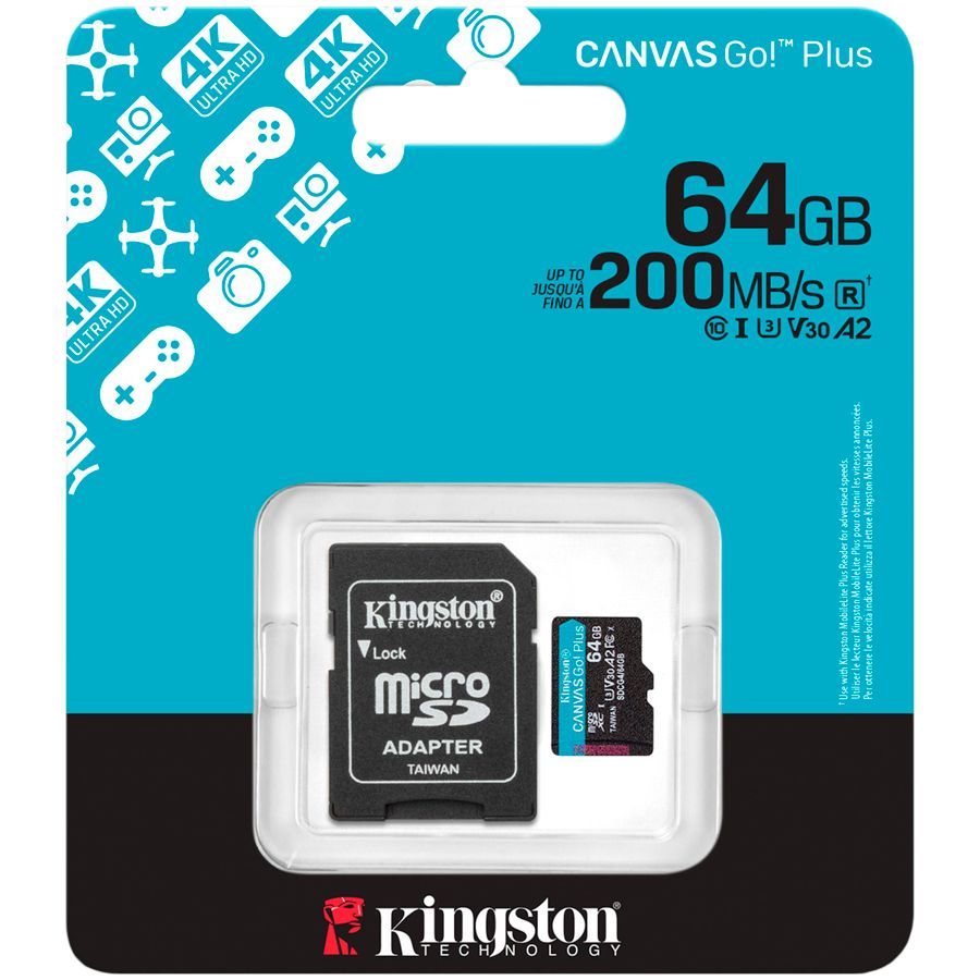 Kaabel Kingston  Kingston 64GB microSDXC Canvas Go Plus Gen4 200MB/s A2 U3 V30 Card + Adapter