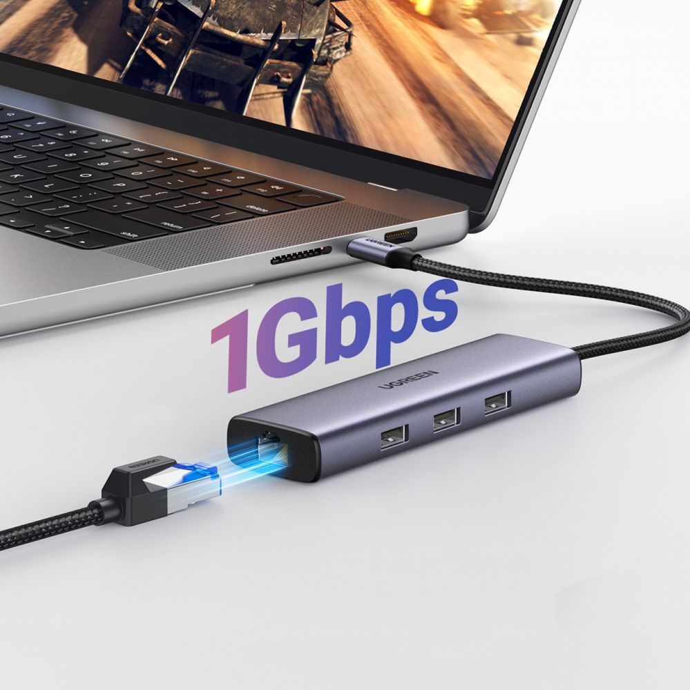 Cable Ugreen  HUB Ugreen CM512 15598 6in1 USB-C - 3x USB-A 3.0 / HDMI / RJ45 / USB-C PD - gray