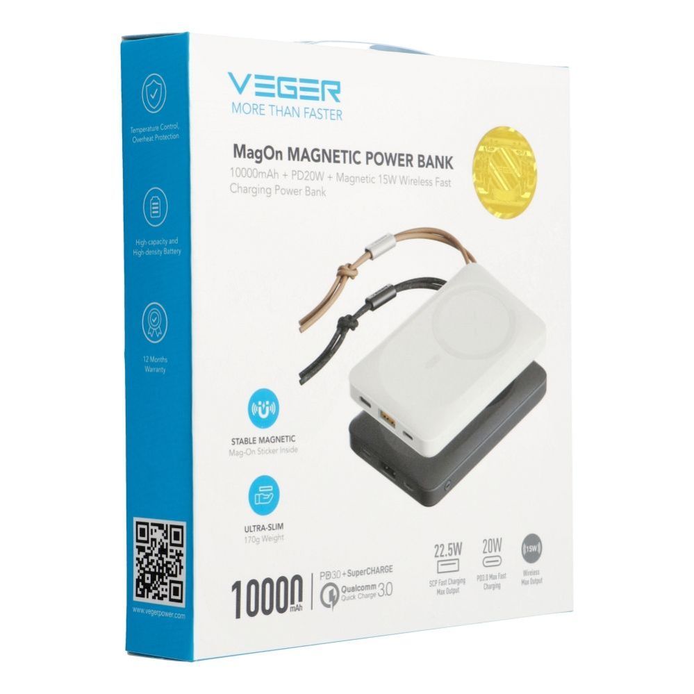 Power bank Veger  Powerbank compatible with Magsafe Veger MagOn (VP1151 / W1151) PD QC3.0 2A 20W with wireless charging 10000 mAh white
