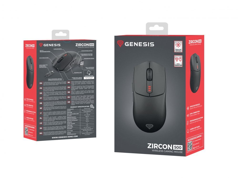 Computer mouse Genesis  Zircon 500 | Wireless/Wired | Gaming Mouse | 2.4 GHz, Bluetooth, USB | Black