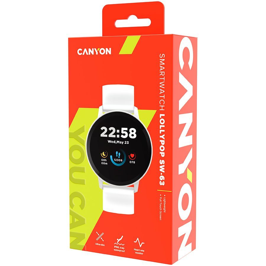 Nutikell Canyon  CANYON Lollypop SW-63, Smart watch, 1.3inches IPS full touch screen, Round watch, IP68 waterproof, multi-sport mode, BT5.0, compatibility with iOS and android, Silver white, Host: 25.2*42.5*10.7mm, Strap: 20*250mm, 45g