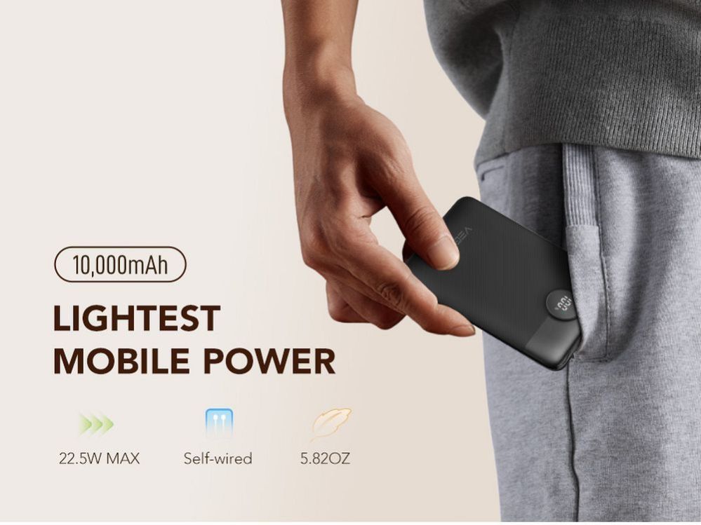 Väline aku Veger  Powerbank Veger C11 (W1170) PD QC3.0 2A 22,5W 10000 mAh with built-in cables USB C / Lightning black