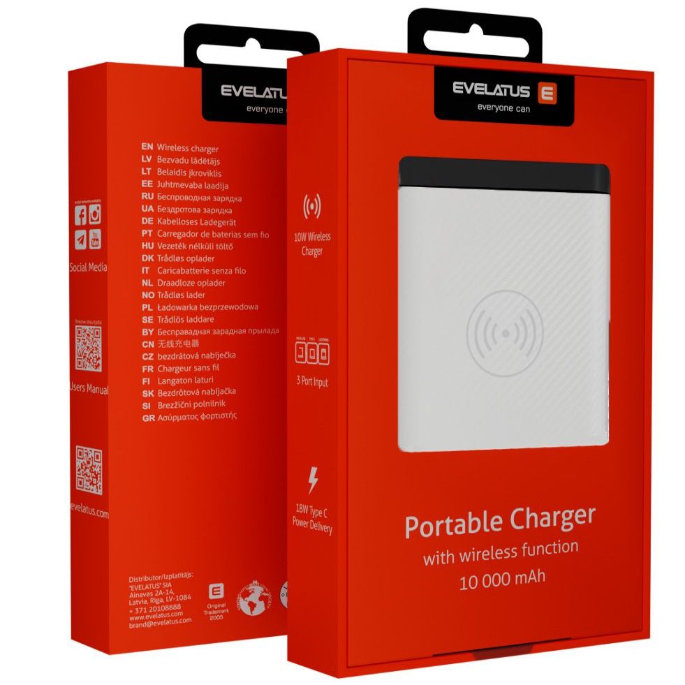 Väline aku Evelatus  Evelatus Power Bank Wireless EPB05 10000 mAh White