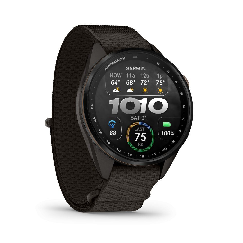 Nutikell Garmin  Approach S72 – 43 mm
Carbon Gray/Heritage Bronze DLC Titanium Bezel with Pebble Grey ComfortFit Fabric Band