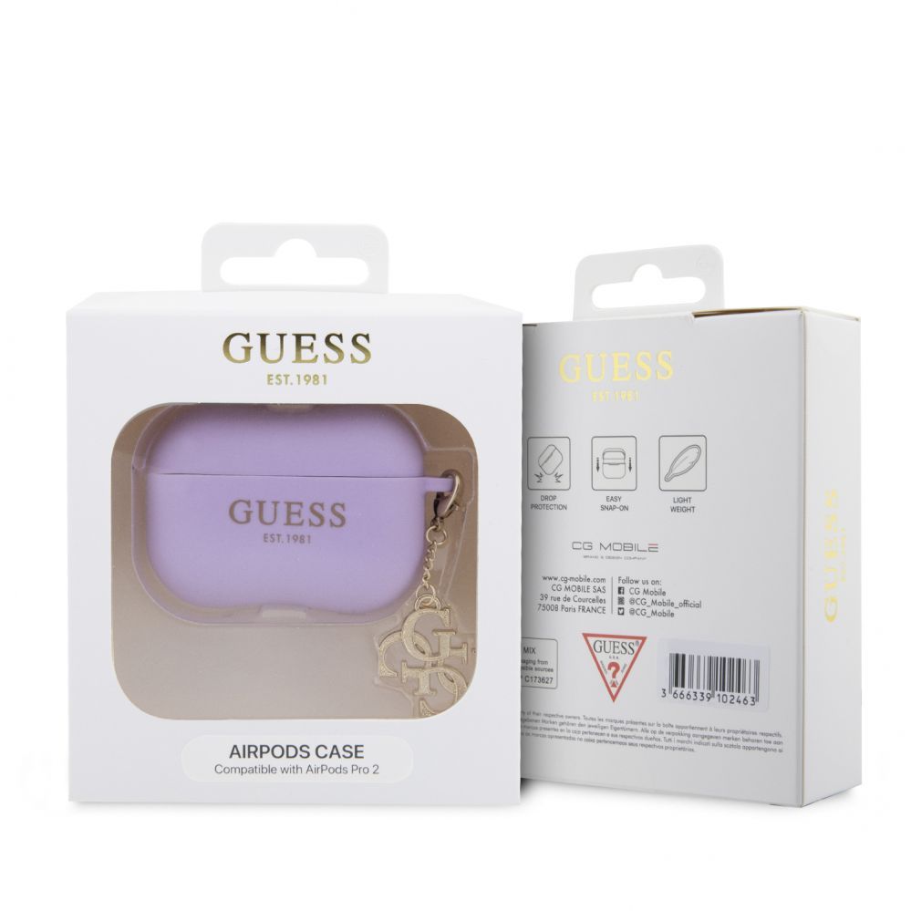 Korpus kõrvaklappidele Guess Apple Airpods Pro 2 Case Silicone Classic Logo Gold With 4G Charm Purple