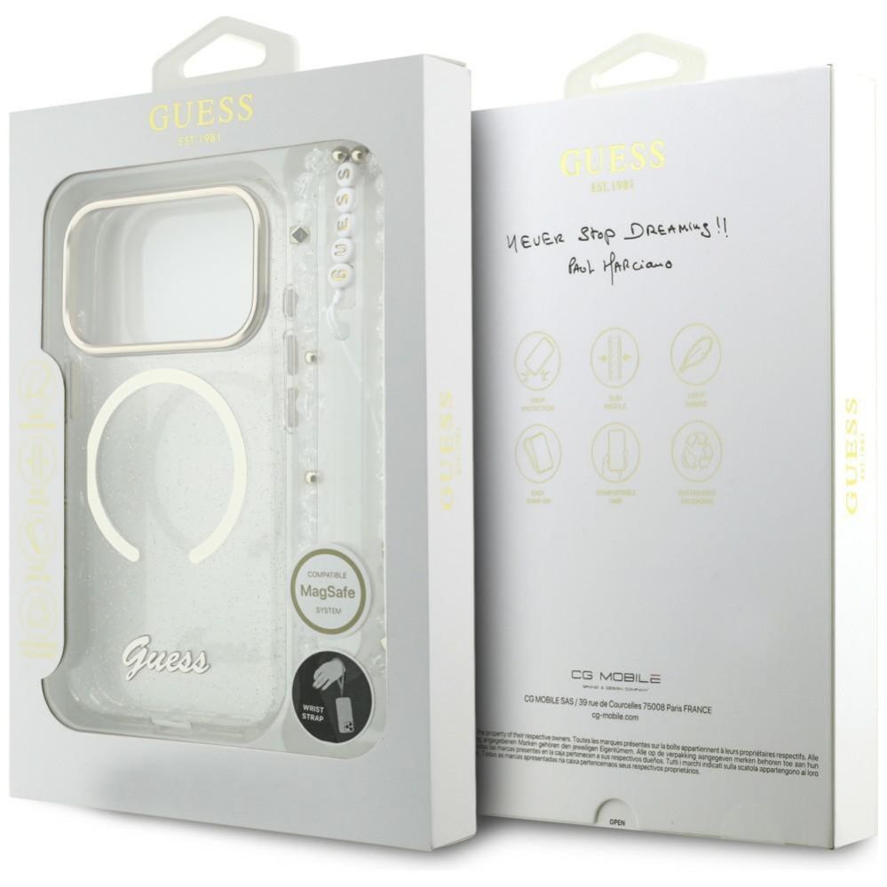 Другие товары Guess  Guess IML Glitters Script Strap MagSafe Case for iPhone 17 Pro - Clear