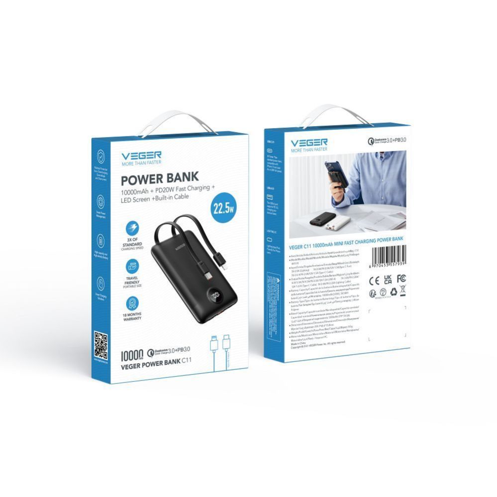 Väline aku Veger  Powerbank Veger C11 (W1170) PD QC3.0 2A 22,5W 10000 mAh with built-in cables USB C / Lightning black
