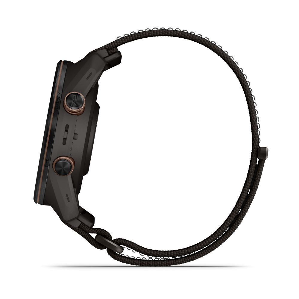 Nutikell Garmin  Approach S72 – 43 mm
Carbon Gray/Heritage Bronze DLC Titanium Bezel with Pebble Grey ComfortFit Fabric Band
