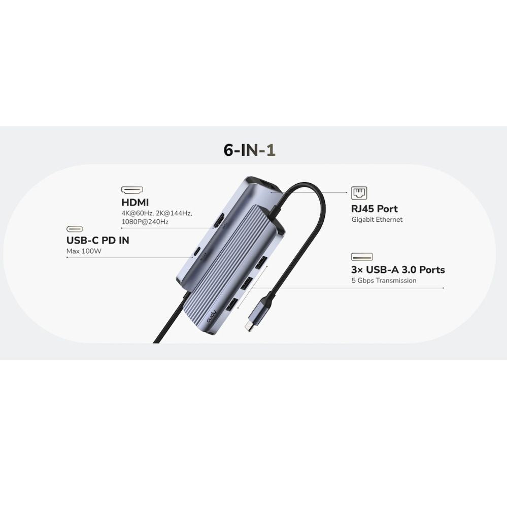 Роутер Cudy  UH606 PortMate USB-C 6-in-1 Hub 4K 60Hz HDMI Gigabit LAN 3x USB-A Power Input Grey