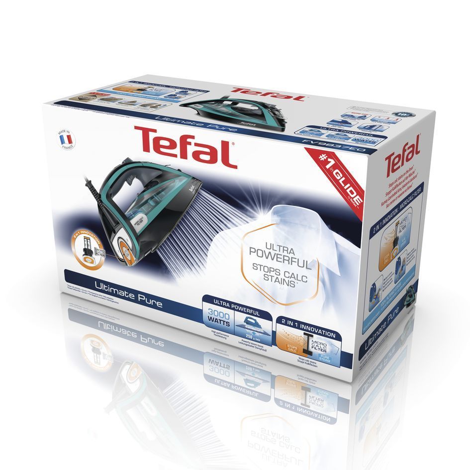Tefal Iron | Ultimate Pure FV9844E0 | Steam Iron | 3200 W | Water tank capacity 350 ml | Continuous steam 60 g/min | Steam boost 250 g/min | Blue/Black