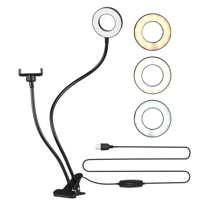 Selfie pulk Elight  TF Desk Clip Live Stream Selfie 11cm Ring LED Light Flash flexi 30cm tube Phone Holder Black