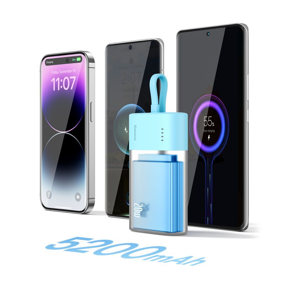Väline aku Baseus  Baseus Popsicle 5200mAh 20W Powerbank with Built-in Lightning Cable (+ White Baseus Simple USB-C - USB-C 60W/20V/3A/30cm Cable) - Blue-Orange
