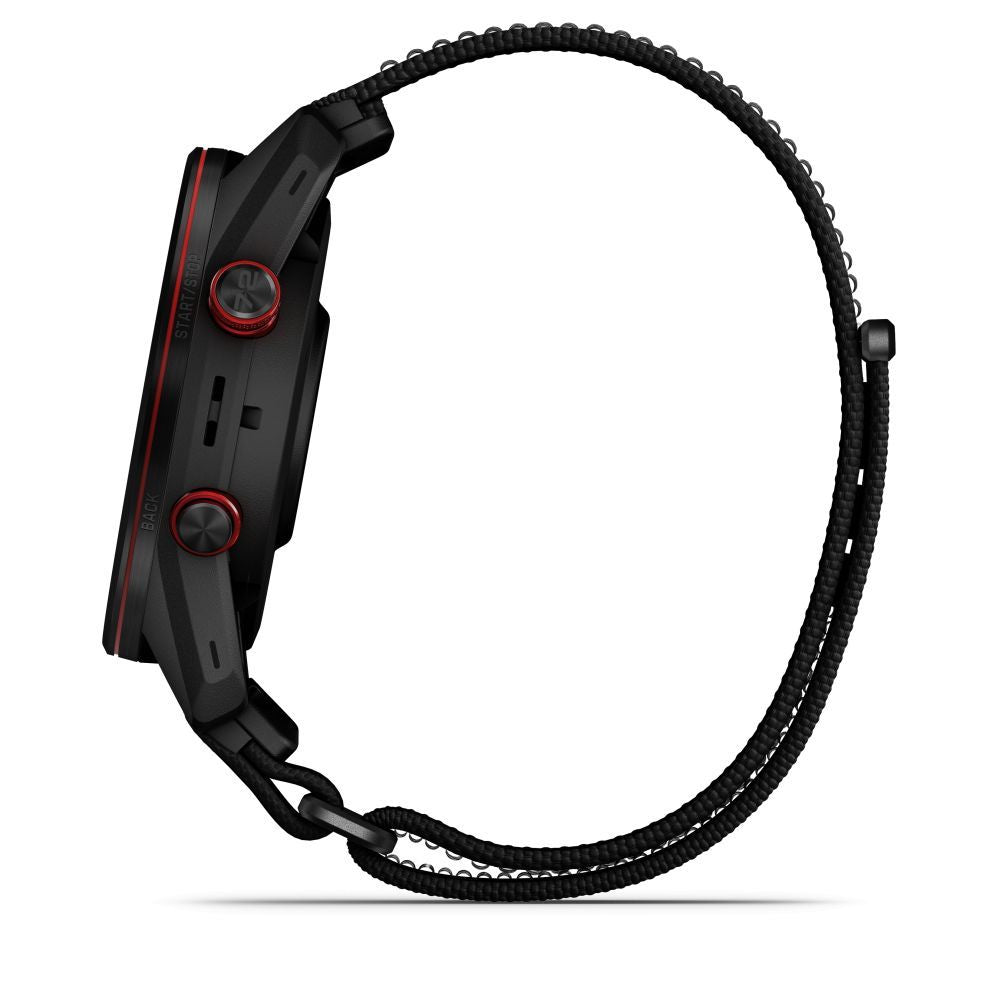 Nutikell Garmin  Approach S72 – 47 mm
Carbon Gray/Red DLC Titanium Bezel with Black ComfortFit Fabric Band