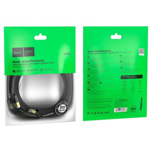 Kaabel Hoco  US07 General pure copper flat network cable(L=5M) Black