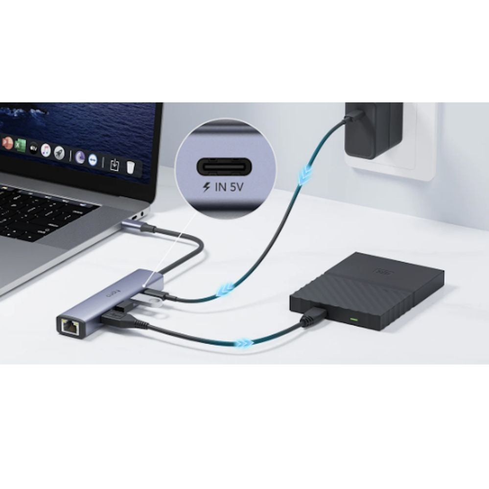 Ruuterid Cudy  UH605 USB-C 5-in-1 Hub Gigabit LAN 3x USB-A 3.0 Power Input Aluminum Grey