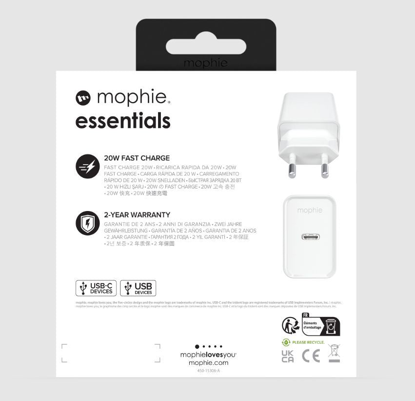 Adapter mophie  mophie Essentials Power Adapter USB-C 20W PD EU White
