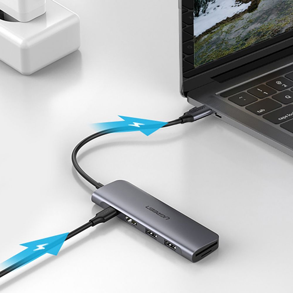 Kaabel Ugreen  Ugreen CM195 6in1 adapter USB-C - HDMI / 2x USB-A 3.0 / USB-C PD / SD / TF reader - gray