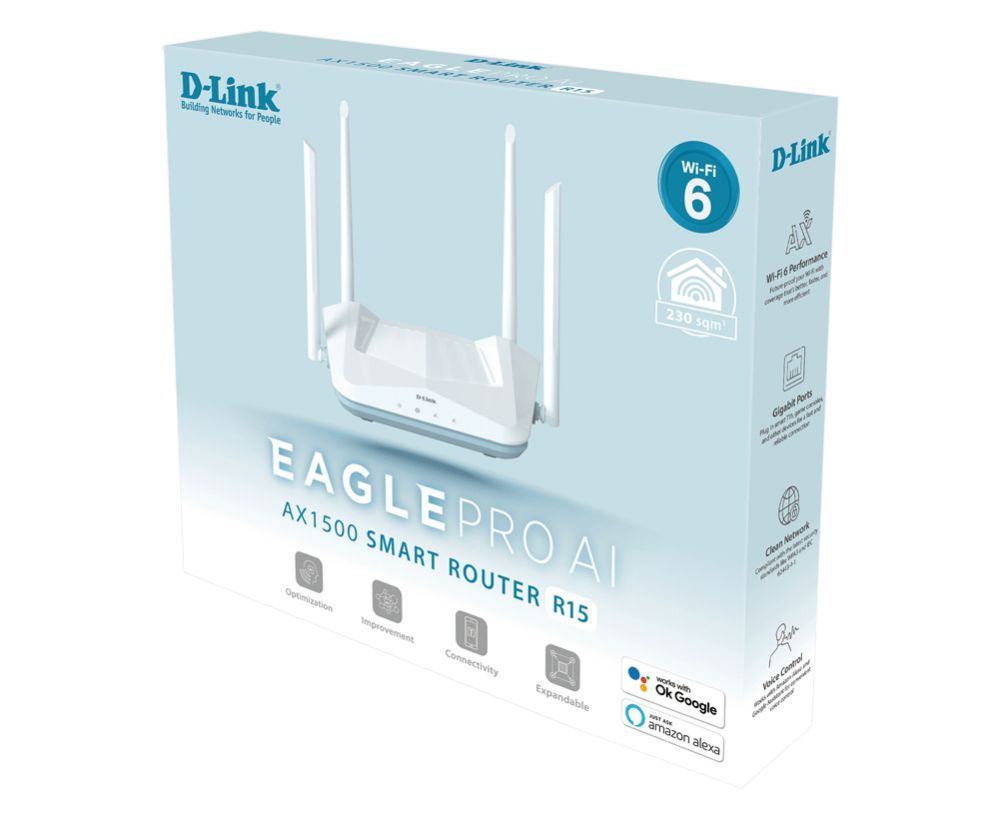 Ruuterid D-link  AX1500 Smart Router R15	 802.11ax, 1200+300  Mbit/s, 10/100/1000 Mbit/s, Ethernet LAN (RJ-45) ports 3, Mesh Support Yes, MU-MiMO Yes, Antenna type 4xExternal