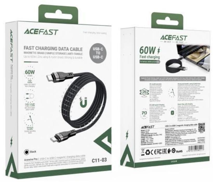 Kaabel Acefast  3in1 Cable Acefast C11-03 USB-C - USB-C 480Mb/s 100W 1.2m Black