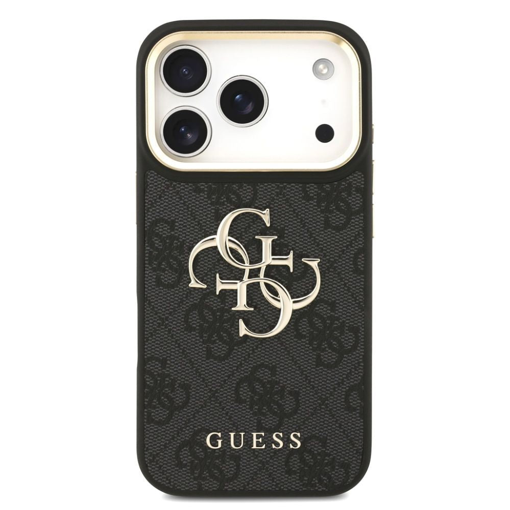 Tagakaaned Guess Apple iPhone 17 Pro PU Leather 4G Metal Logo Gold Frame Case Black