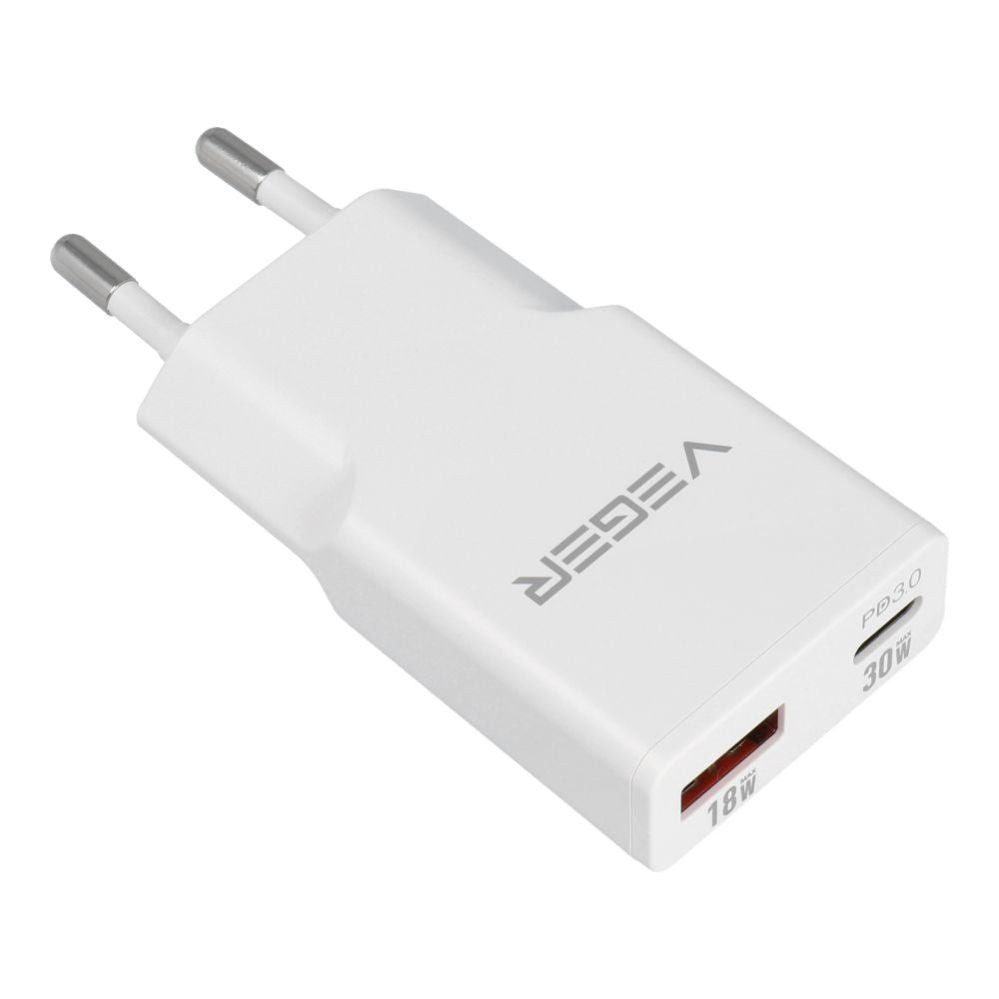 Adaptrid Veger  Phone charger VEGER USB A + USB C QC PD 30W 30W1A1C white