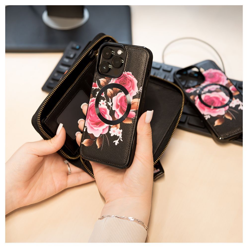 Back panel cover Evelatus Apple iPhone 14 Pro Max Leather Case Zipper Design Flower Black