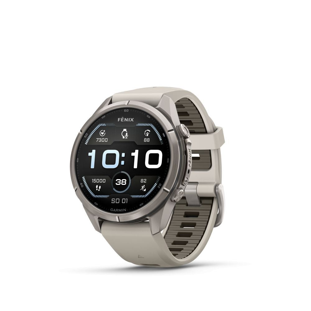 Nutikell Garmin  Fenix 9 Pro – 43mm
Titanium with Fog Grey/Dark Sandstone Silicone Band
