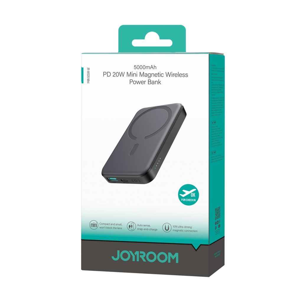 Внешний аккумулятор Joyroom  Powerbank Joyroom JR-W020 Mini 5000mAh USB-A USB-C inductive 20W - black + USB-C / USB-C cable