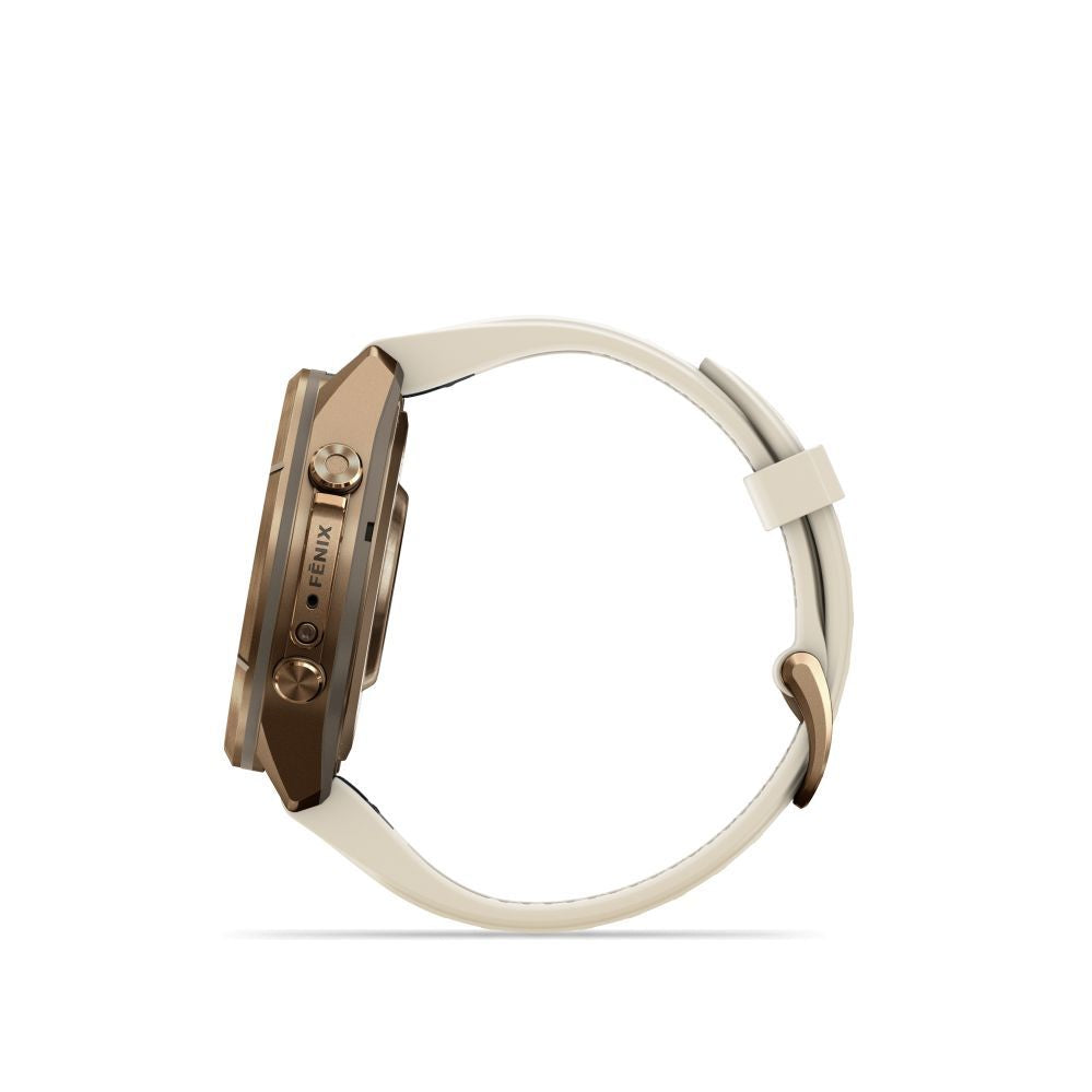 Nutikell Garmin  Fenix 9 Pro – 43mm
Autumn Gold Titanium with Cream/French Grey Silicone Band