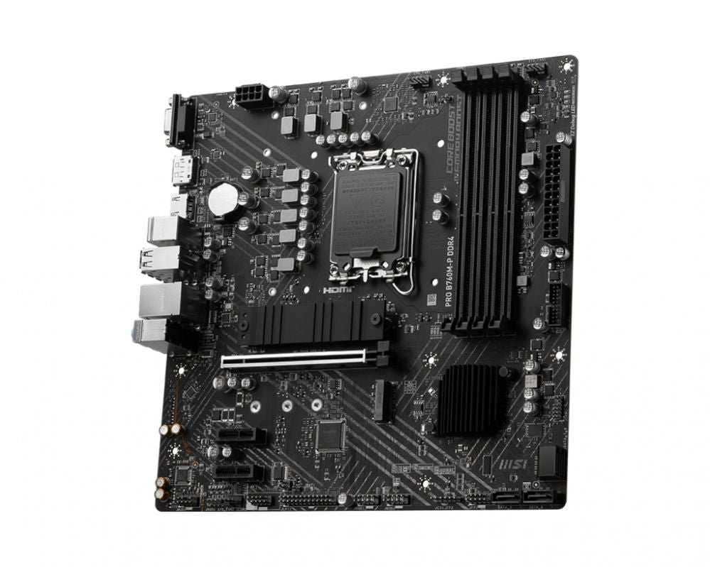 Intel protsessori emaplaat MSI  PRO B760M-P DDR4 Processor family Intel, Processor socket  LGA1700, DDR4 DIMM, Memory slots 4, Supported hard disk drive interfaces 	SATA, M.2, Number of SATA connectors 4, Chipset Intel B760, mATX