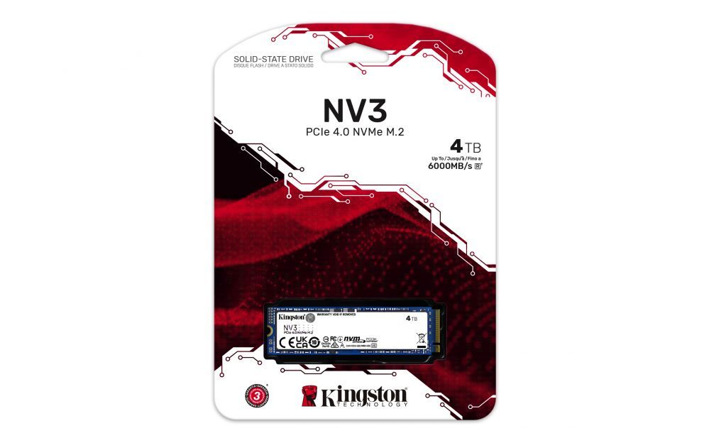 Hard drive SSD Kingston  SSD | NV3 | 4000 GB | SSD form factor M.2 2280 | Solid-state drive interface PCIe 4.0 x4 NVMe | Read speed 6000 MB/s | Write speed 5000 MB/s