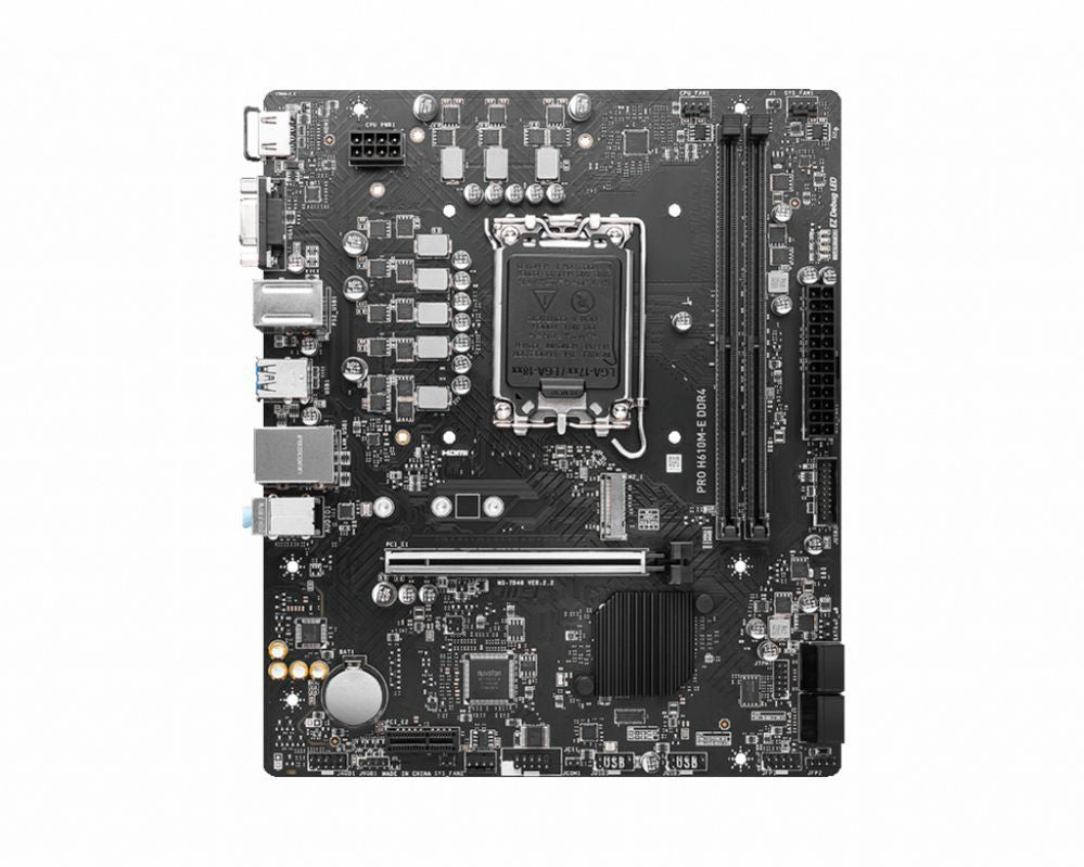 Материнская плата для процессоров Intel MSI  PRO H610M-E DDR4 Processor family Intel, Processor socket  LGA1700, DDR4 DIMM, Memory slots 2, Supported hard disk drive interfaces 	SATA, M.2, Number of SATA connectors 4, Chipset Intel H610, Mirco-ATX