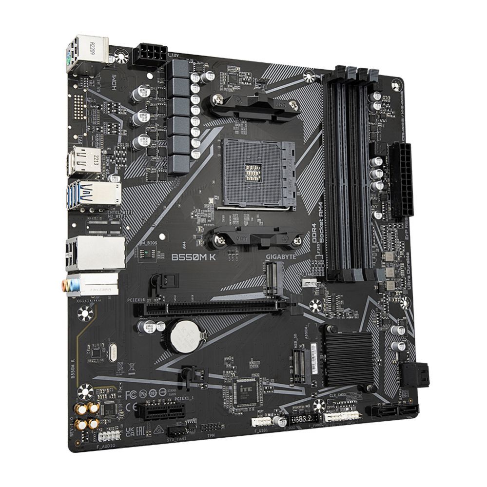 Материнская плата для процессоров Intel Gigabyte  B550M K 1.0 M/B Processor family AMD, Processor socket AM4, DDR4 DIMM, Memory slots 4, Supported hard disk drive interfaces 	SATA, M.2, Number of SATA connectors 4, Chipset AMD B550, Micro ATX