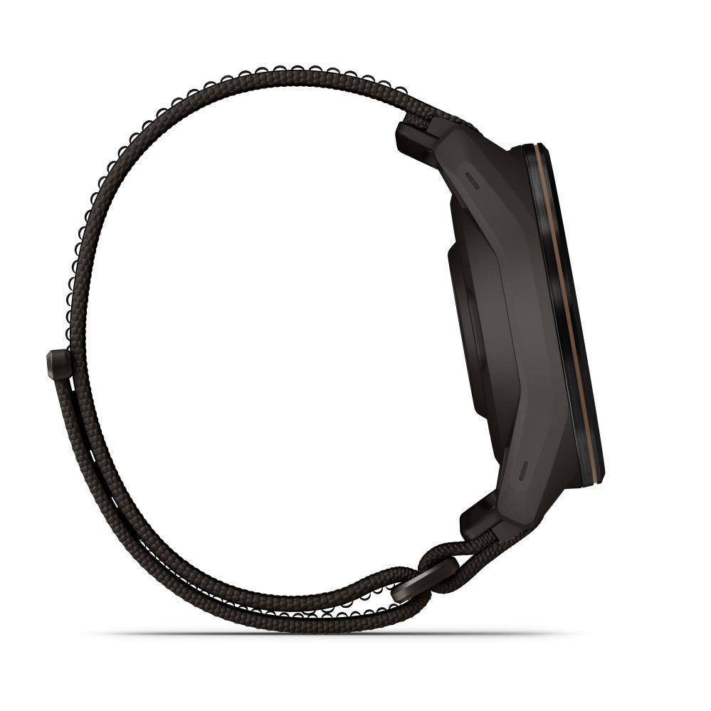 Nutikell Garmin  Approach S72 – 43 mm
Carbon Gray/Heritage Bronze DLC Titanium Bezel with Pebble Grey ComfortFit Fabric Band