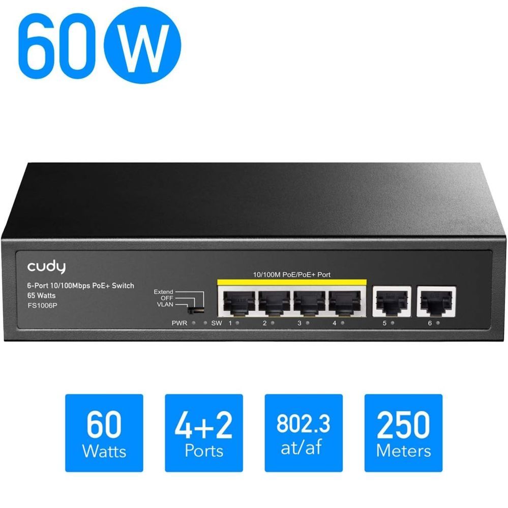 Роутер Cudy  FS1006P NetPower 6-Port 100M PoE+ Switch 4×30W PoE CCTV Mode 250m Watchdog Steel Black