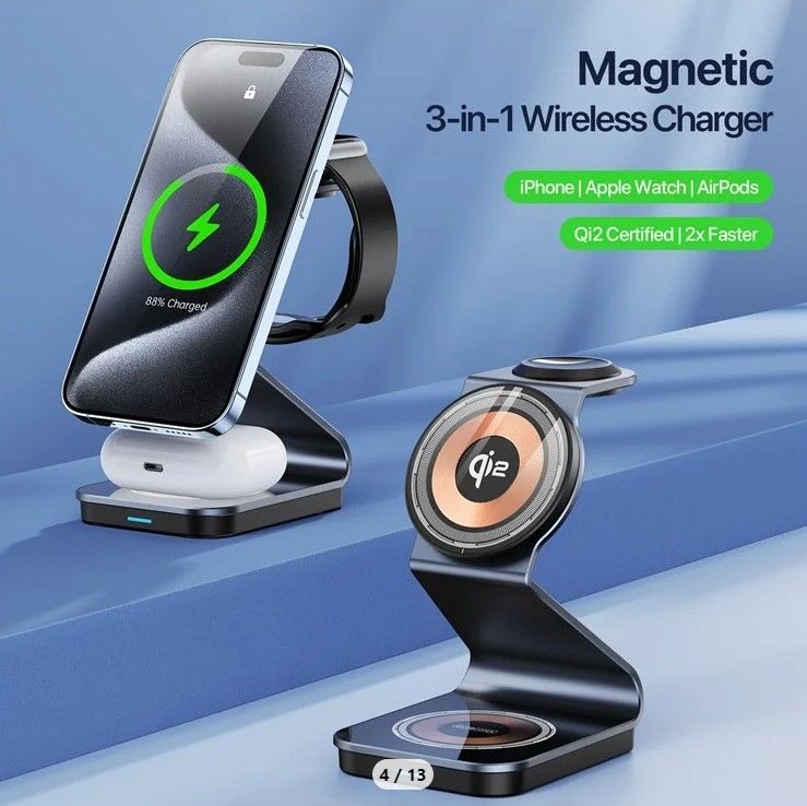Juhtmeta laadija Duzzona  W21 3-in-1 15W Wireless Charging Stand Teléfono Auricador de Auriculares Cargador (certificado Qi2) Black