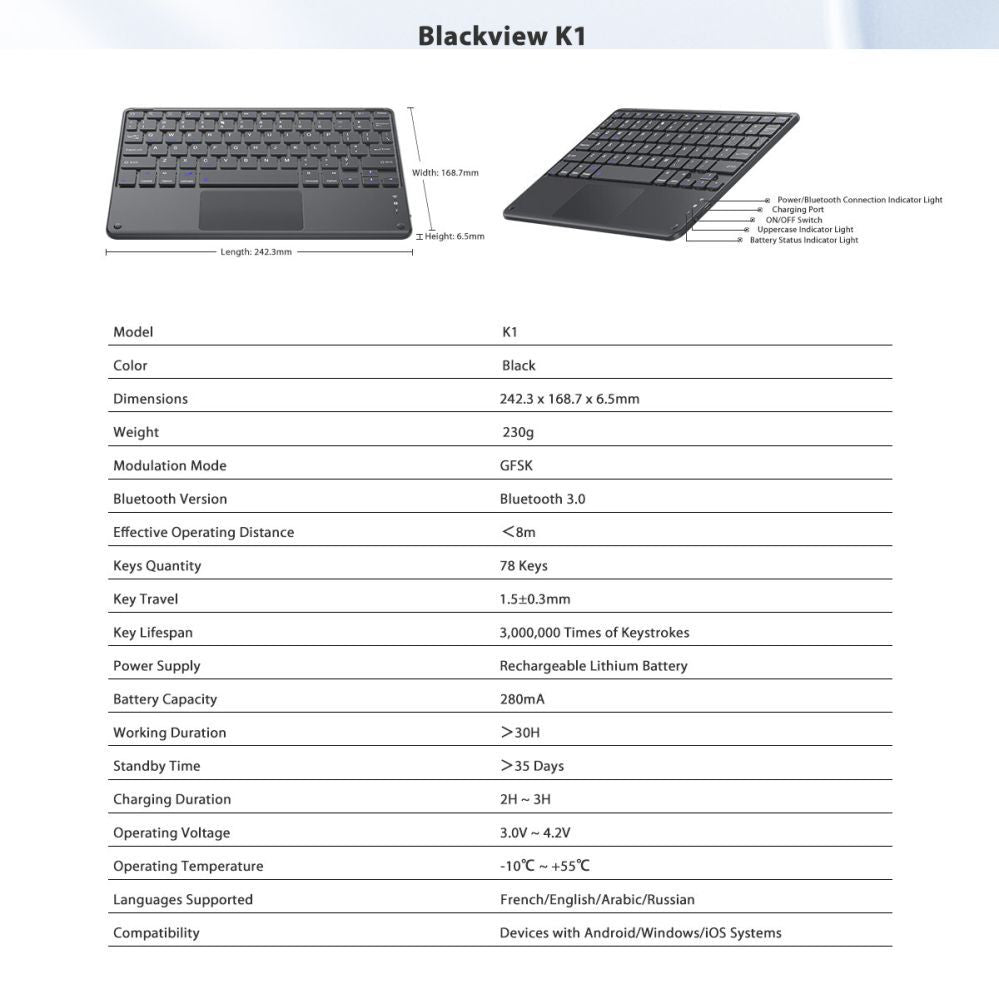 Computer keyboard Blackview  K1 Bluetooth Keyboard Wireless Ultra Slim 10” – 280mAh Battery, Bluetooth 3.0, Compatible with Windows / Android / iOS, Black Gray