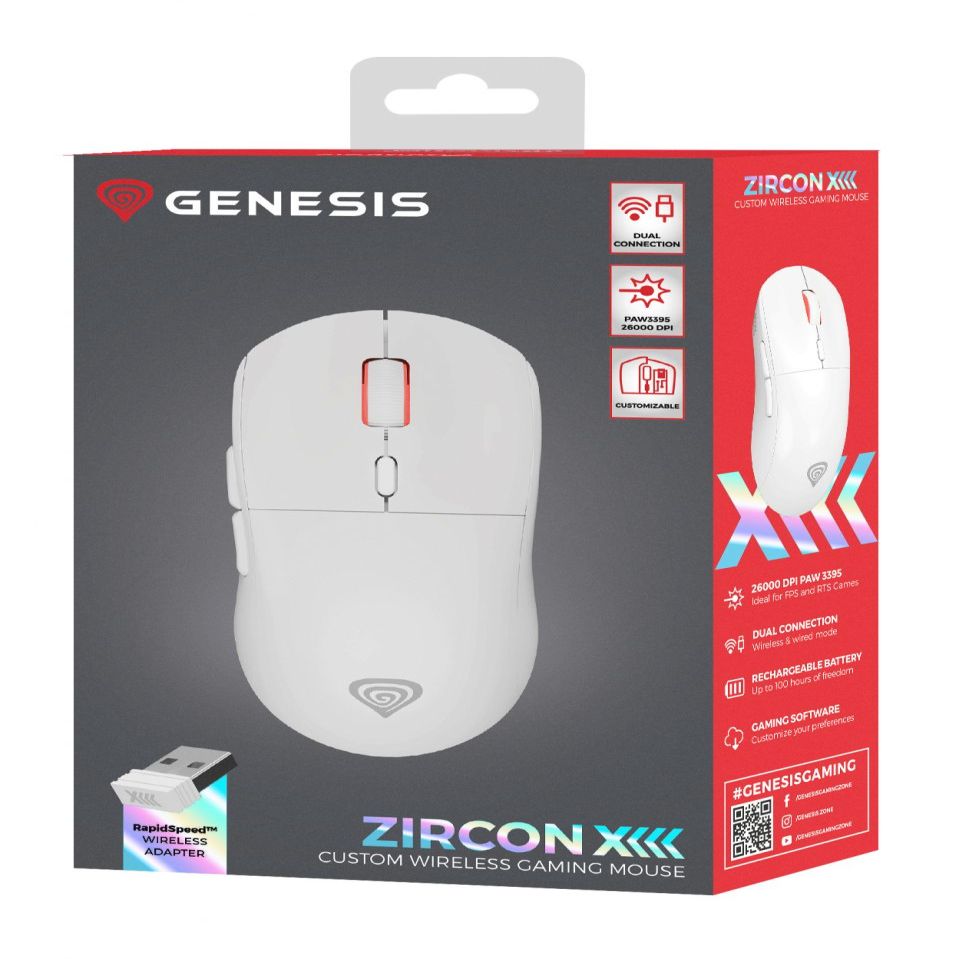 Computer mouse Genesis  Zircon XIII Custom | Wireless | Gaming Mouse | 2.4 GHz, USB | White
