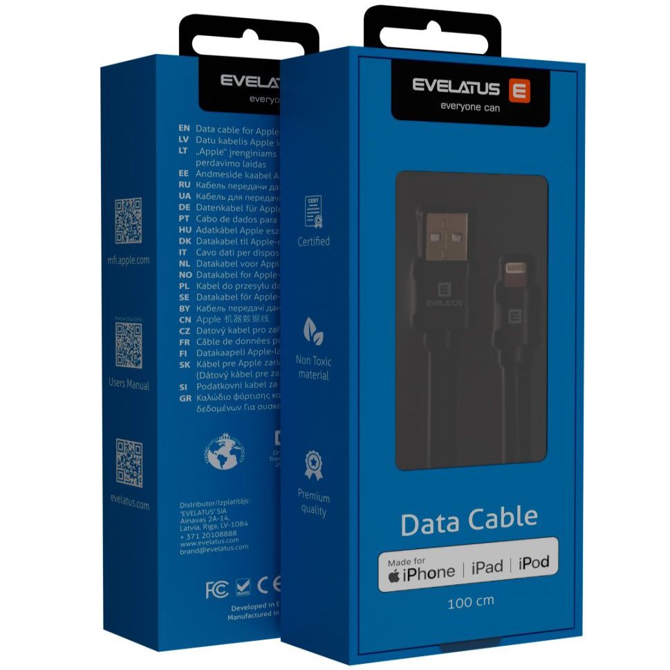 Кабель Evelatus Universal MFI Data Cable 1m MFI02 Black