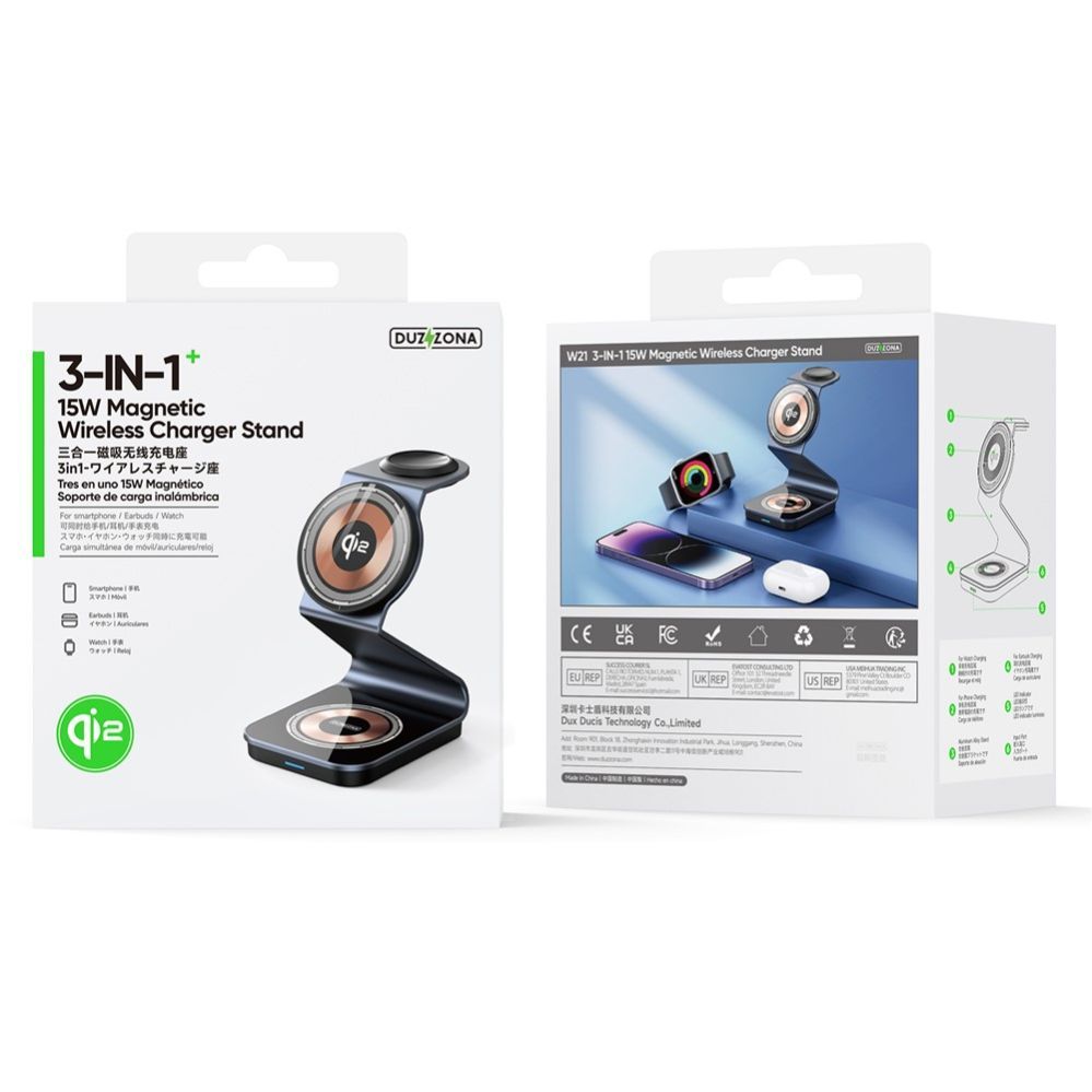 Juhtmeta laadija Duzzona  W21 3-in-1 15W Wireless Charging Stand Phone Earphone Watch Charger (Qi2 Certified) Transparent